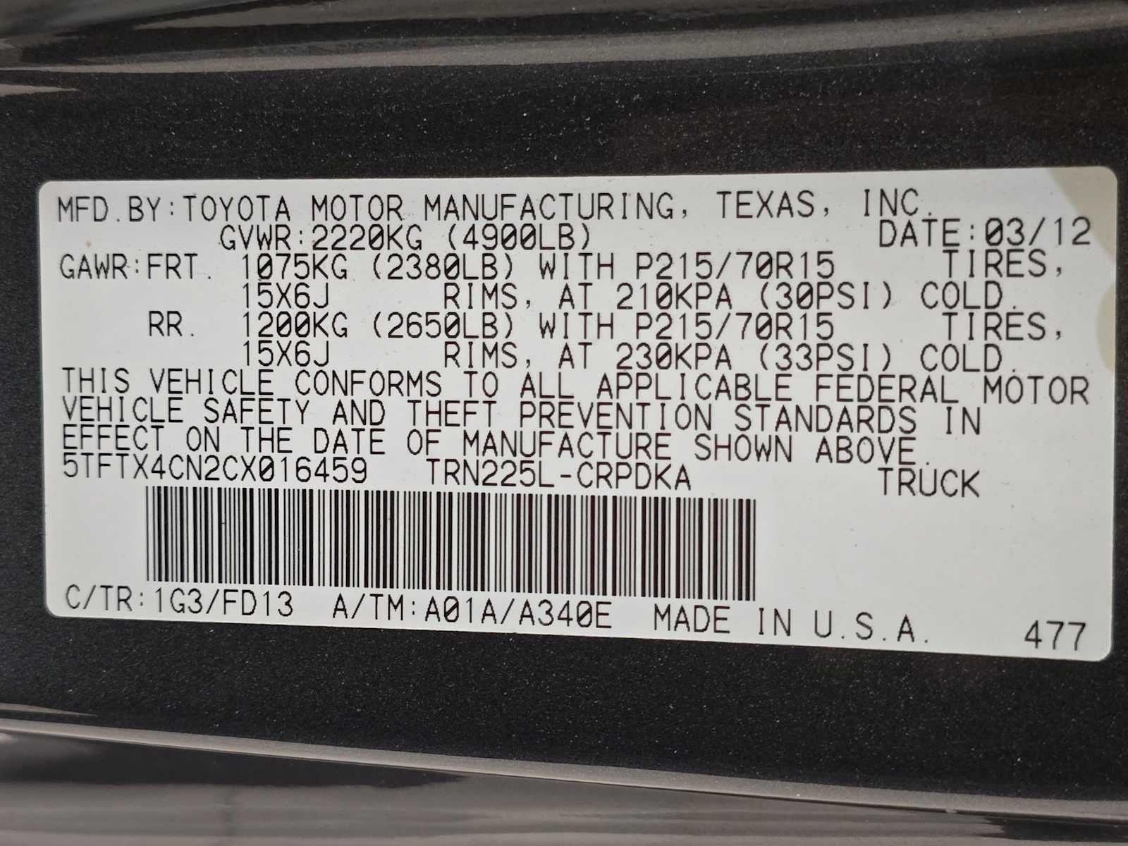 2012 Toyota Tacoma 2WD Access Cab I4 AT (Natl)