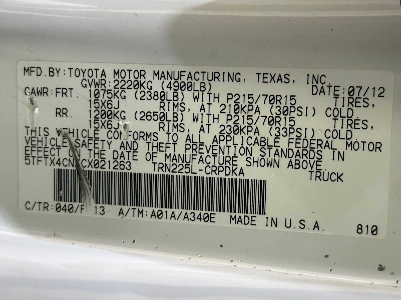 2012 Toyota Tacoma 2WD Access Cab I4 AT (Natl)