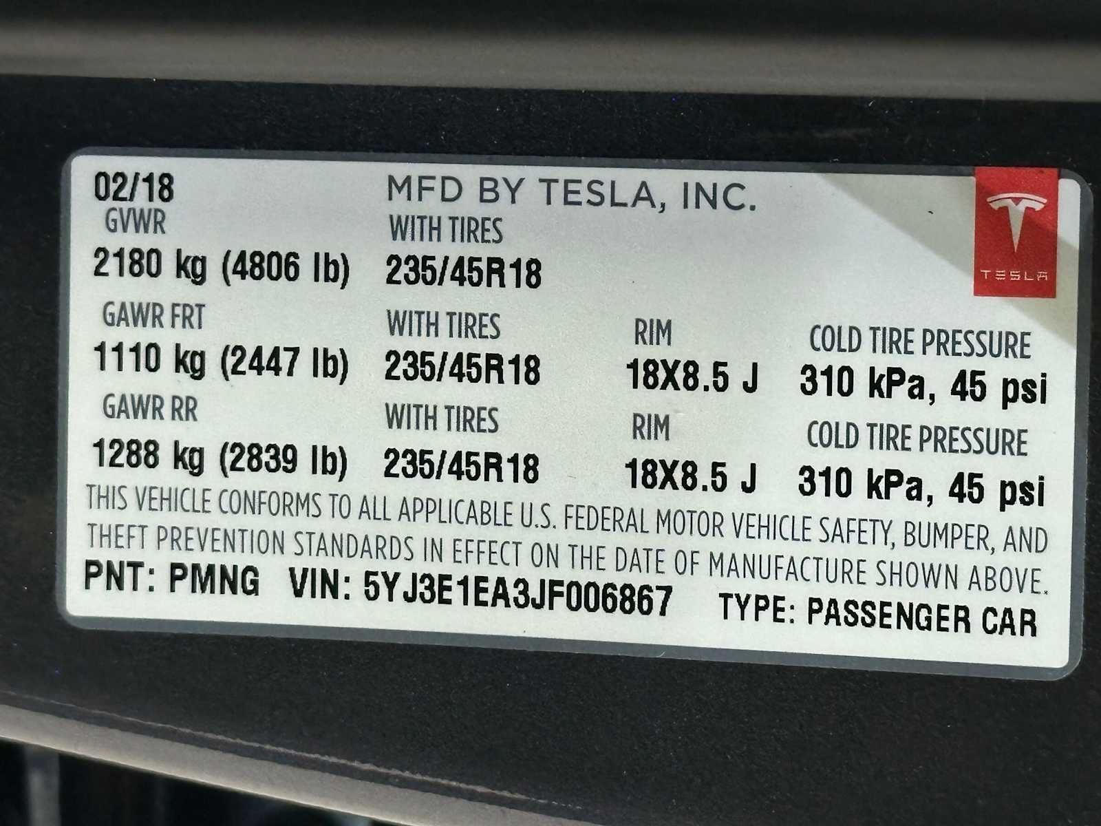 2018 Tesla Model 3 Long Range Battery